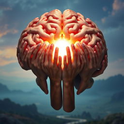 A striking and imaginative representation of a human brain entirely made of hands, with a luminous center that emits a soft, warm light