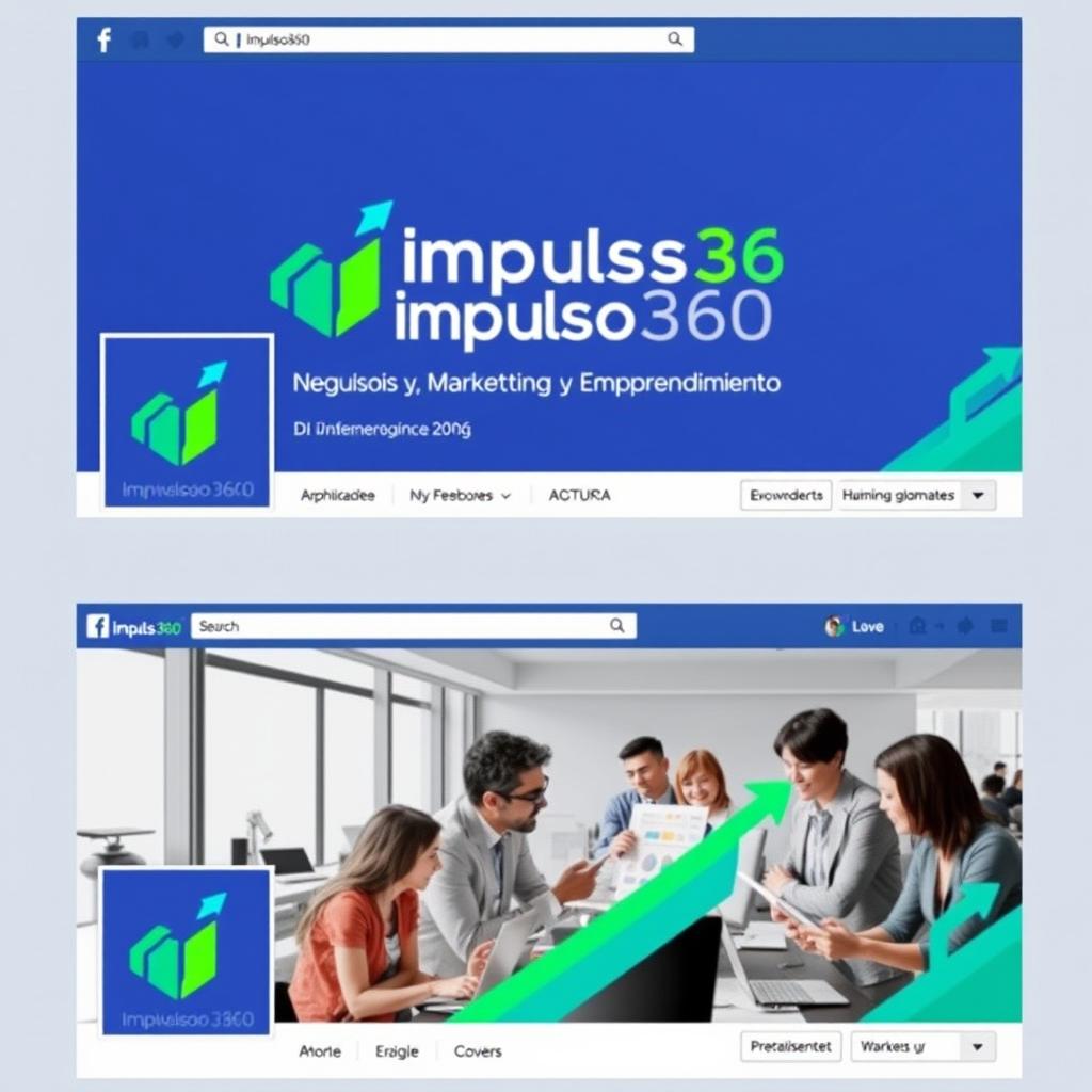 A vibrant and professional profile and cover image for a Facebook page named 'Impulso360: Negocios, Marketing y Emprendimiento'