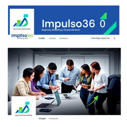 A vibrant and professional profile and cover image for a Facebook page named 'Impulso360: Negocios, Marketing y Emprendimiento'