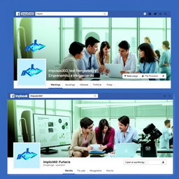 A vibrant and professional profile and cover image for a Facebook page named 'Impulso360: Negocios, Marketing y Emprendimiento'