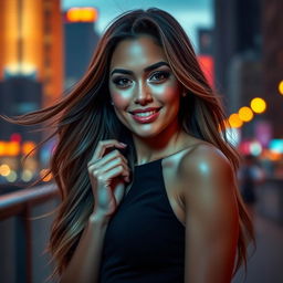 A stylish portrait of a confident young woman with long, flowing hair, showcasing a glamorous outfit