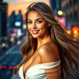 A stylish portrait of a confident young woman with long, flowing hair, showcasing a glamorous outfit