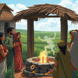 A serene village scene depicting villagers gathered at a well, listening intently to the spirit of a woman named Chameli expressing her pain