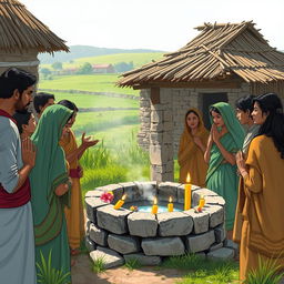 A serene village scene depicting villagers gathered at a well, listening intently to the spirit of a woman named Chameli expressing her pain