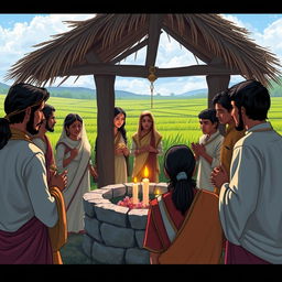 A serene village scene depicting villagers gathered at a well, listening intently to the spirit of a woman named Chameli expressing her pain