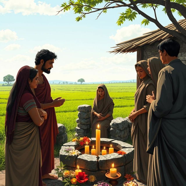 A serene village scene depicting villagers gathered at a well, listening intently to the spirit of a woman named Chameli expressing her pain