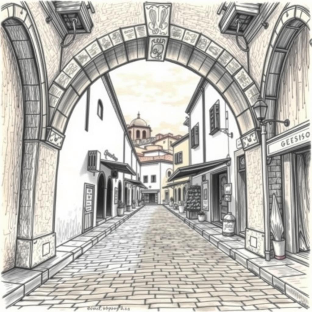 A detailed drawing of the Yanahuara archways in Arequipa, featuring a strong vanishing point perspective