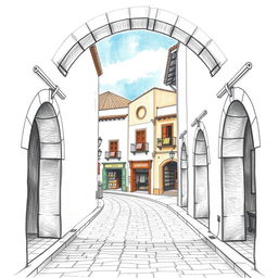 A detailed drawing of the Yanahuara archways in Arequipa, featuring a strong vanishing point perspective