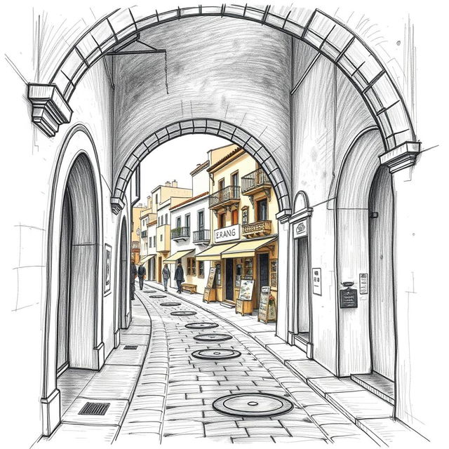 A detailed drawing of the Yanahuara archways in Arequipa, featuring a strong vanishing point perspective