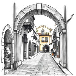 A detailed drawing of the Yanahuara archways in Arequipa, featuring a strong vanishing point perspective