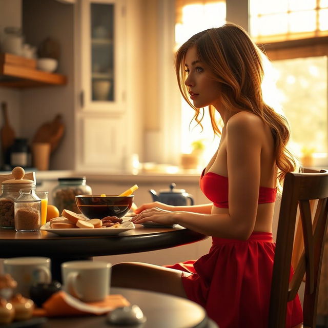 A young woman in a vibrant, stylish hot skirt and top, sitting at a cozy breakfast table filled with delicious food, looking surprised and intrigued as her partner leans in playfully to seduce her