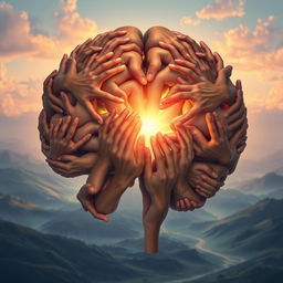 A stunning and imaginative illustration of a human brain made entirely of hands, with a radiant, luminous center glowing brightly