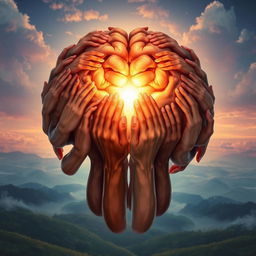 A stunning and imaginative illustration of a human brain made entirely of hands, with a radiant, luminous center glowing brightly