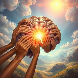 A stunning and imaginative illustration of a human brain made entirely of hands, with a radiant, luminous center glowing brightly
