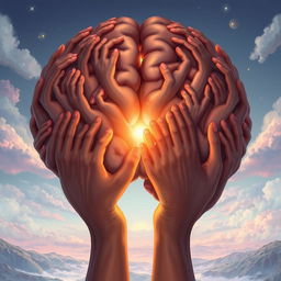 A stunning and imaginative illustration of a human brain made entirely of hands, with a radiant, luminous center glowing brightly