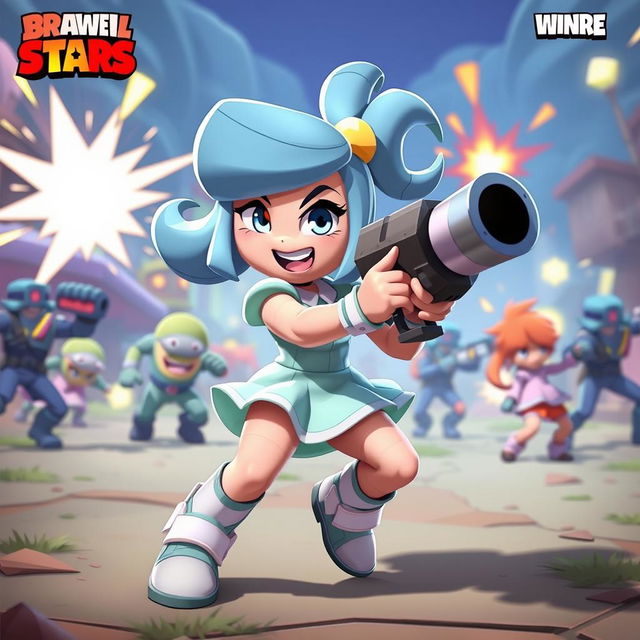 A dynamic and action-packed scene featuring Piper from Brawl Stars, an animated character with a playful yet fierce expression