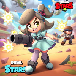 A dynamic and action-packed scene featuring Piper from Brawl Stars, an animated character with a playful yet fierce expression