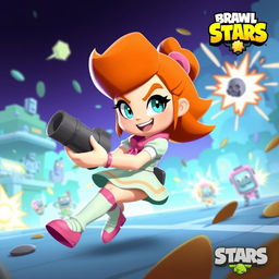 A dynamic and action-packed scene featuring Piper from Brawl Stars, an animated character with a playful yet fierce expression