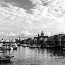 A stunning black and white vertical image of the Havana Bay, capturing the intricate details of the waterfront architecture and boats in the harbor