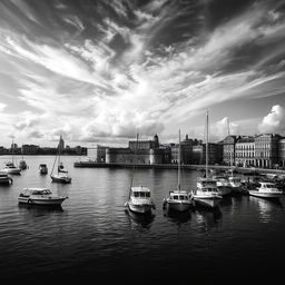 A stunning black and white vertical image of the Havana Bay, capturing the intricate details of the waterfront architecture and boats in the harbor