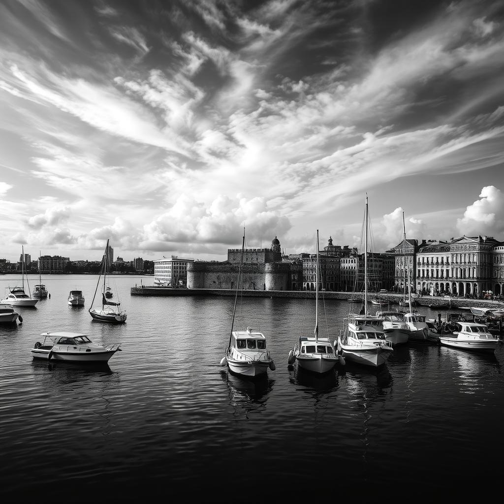 A stunning black and white vertical image of the Havana Bay, capturing the intricate details of the waterfront architecture and boats in the harbor