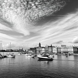A stunning black and white vertical image of the Havana Bay, capturing the intricate details of the waterfront architecture and boats in the harbor