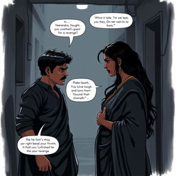 A dramatic scene depicting a tense conversation between two characters: Veerendra, a determined young man, and Chameli, a mysterious woman with a fierce expression
