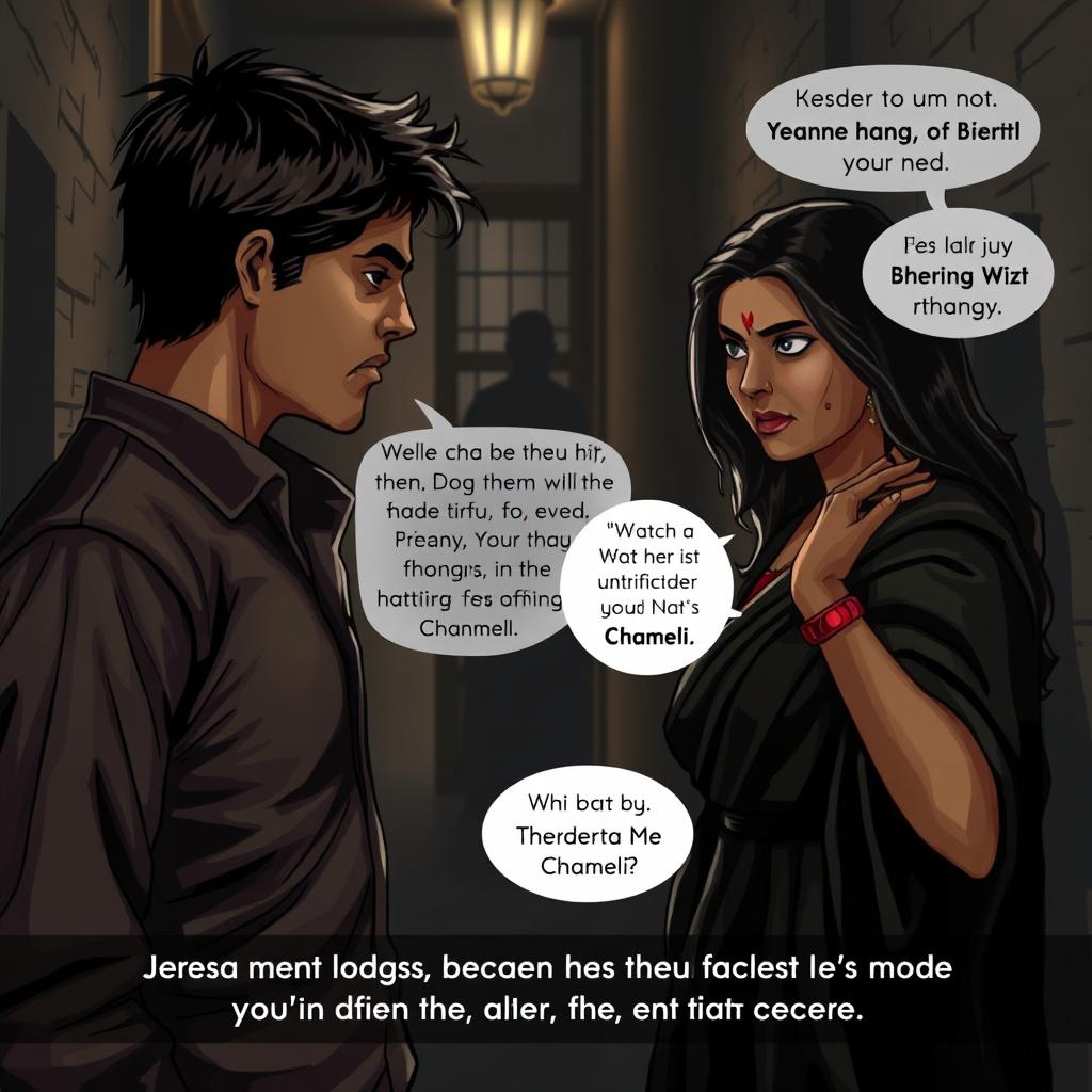 A dramatic scene depicting a tense conversation between two characters: Veerendra, a determined young man, and Chameli, a mysterious woman with a fierce expression