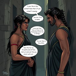 A dramatic scene depicting a tense conversation between two characters: Veerendra, a determined young man, and Chameli, a mysterious woman with a fierce expression