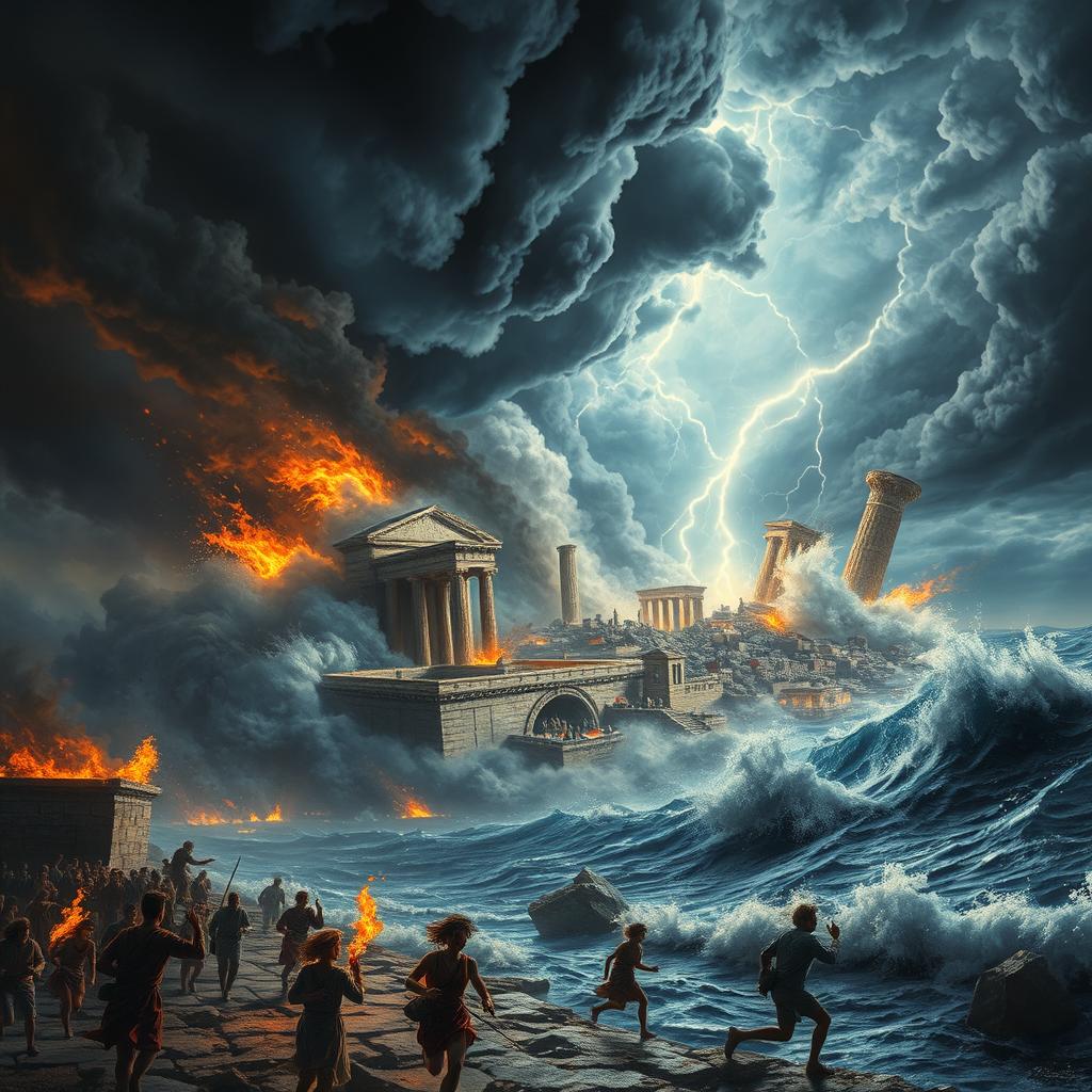 A vivid, dramatic depiction of the destruction of Helike, an ancient Greek city