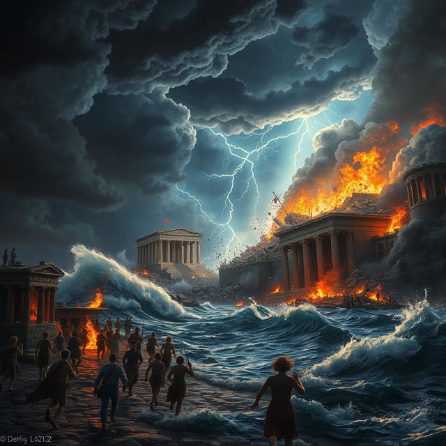 A vivid, dramatic depiction of the destruction of Helike, an ancient Greek city