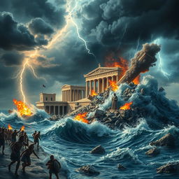 A vivid, dramatic depiction of the destruction of Helike, an ancient Greek city