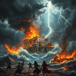A vivid, dramatic depiction of the destruction of Helike, an ancient Greek city