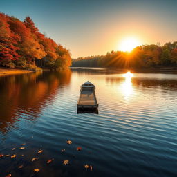 A serene autumn landscape portraying a tranquil lake surrounded by vibrant fall foliage with shades of orange, red, and yellow