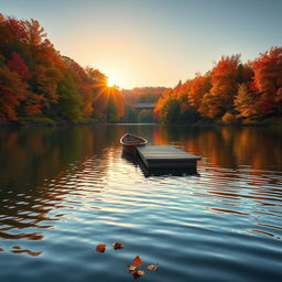 A serene autumn landscape portraying a tranquil lake surrounded by vibrant fall foliage with shades of orange, red, and yellow