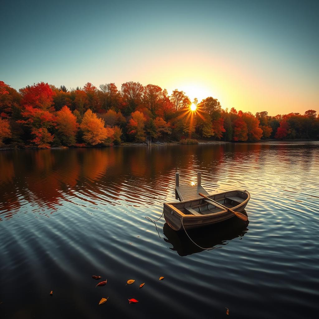 A serene autumn landscape portraying a tranquil lake surrounded by vibrant fall foliage with shades of orange, red, and yellow