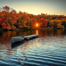 A serene autumn landscape portraying a tranquil lake surrounded by vibrant fall foliage with shades of orange, red, and yellow