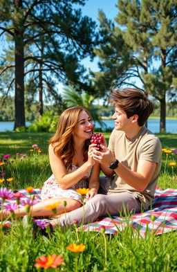A romantic scene in a picturesque, sunlit park, where a young couple is sitting on a plaid picnic blanket