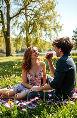 A romantic scene in a picturesque, sunlit park, where a young couple is sitting on a plaid picnic blanket