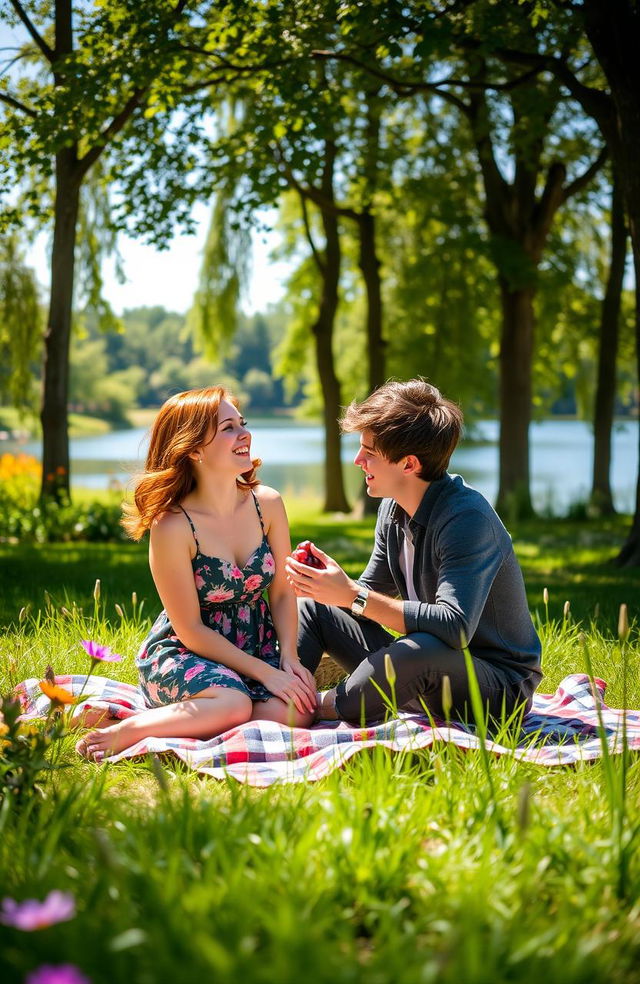 A romantic scene in a picturesque, sunlit park, where a young couple is sitting on a plaid picnic blanket