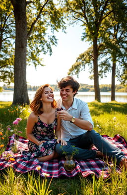 A romantic scene in a picturesque, sunlit park, where a young couple is sitting on a plaid picnic blanket