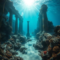 A breathtaking underwater scene showcasing the ruins of an ancient city, partially submerged and covered in coral and marine life