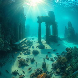 A breathtaking underwater scene showcasing the ruins of an ancient city, partially submerged and covered in coral and marine life