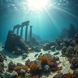 A breathtaking underwater scene showcasing the ruins of an ancient city, partially submerged and covered in coral and marine life