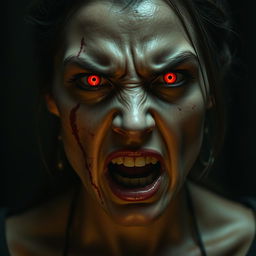 A fierce woman with deep scars on her face, her eyes glowing with a blood-like, intense red anger