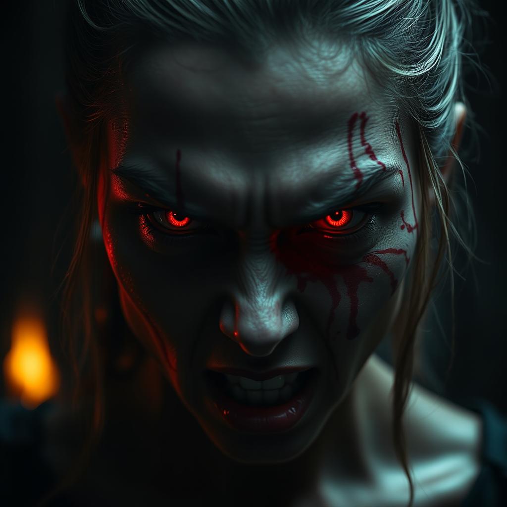 A fierce woman with deep scars on her face, her eyes glowing with a blood-like, intense red anger
