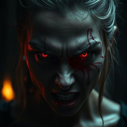 A fierce woman with deep scars on her face, her eyes glowing with a blood-like, intense red anger