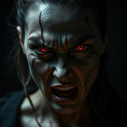 A fierce woman with deep scars on her face, her eyes glowing with a blood-like, intense red anger