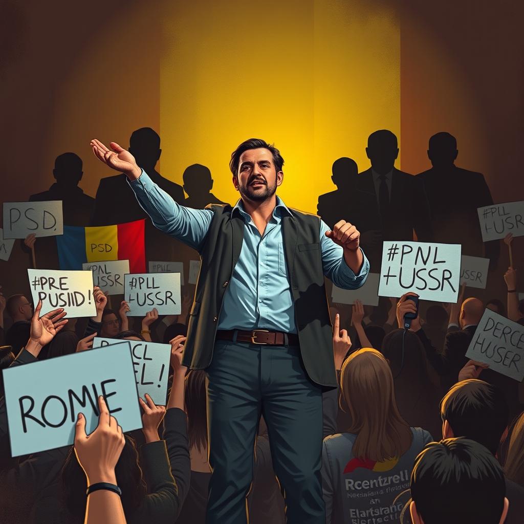 A courageous simple man standing confidently at the forefront of a political rally, engaging with enthusiastic supporters who are cheering and holding signs of encouragement