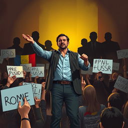 A courageous simple man standing confidently at the forefront of a political rally, engaging with enthusiastic supporters who are cheering and holding signs of encouragement